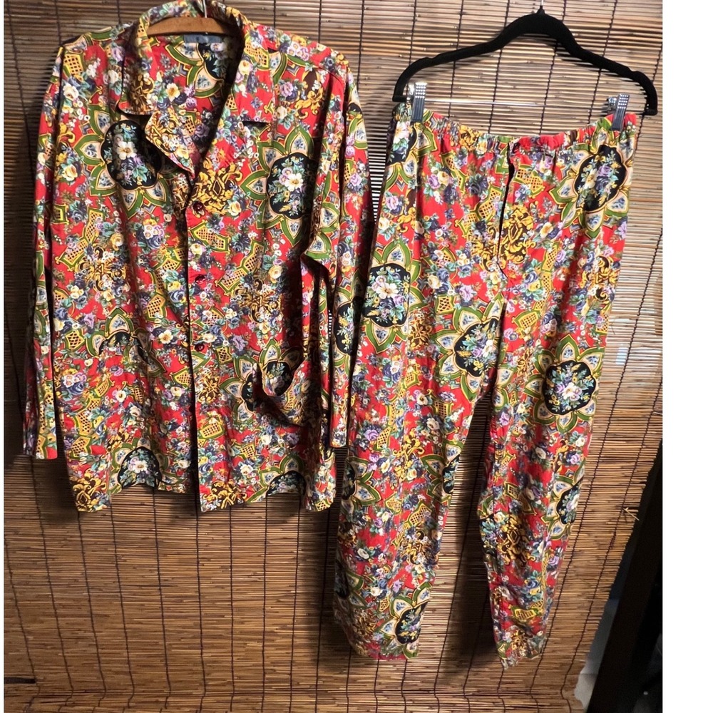 Kenzo Vintage 2 Piece Set Red Floral Mandala Shirt and Pants Outfit
